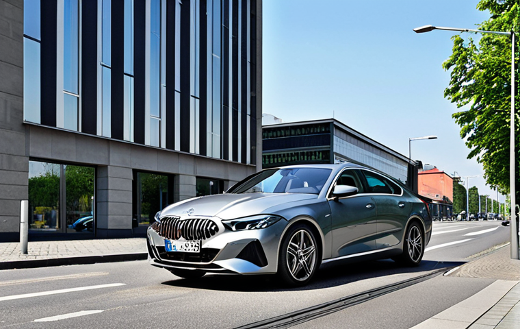 **

> Sleek German car (BMW/Mercedes/Audi) on a modern city street in Germany. Focus on the car's design and the urban environment.  Consider a sunny day with a sense of luxury and movement.

**