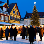 ドイツのクリスマスマーケットの活気**
A bustling German Christmas market scene at dusk, featuring diverse visitors of all ages in warm winter coats and modest clothing, holding steaming mugs of Glühwein. The background showcases traditional wooden stalls adorned with twinkling Christmas lights and handcrafted ornaments, with a grand historical building faintly visible in the distance. Light snow is gently falling, adding to the enchanting and festive atmosphere. The subjects have perfect anatomy, correct proportions, well-formed hands, and natural body proportions, in natural poses. This image is safe for work, appropriate content, fully clothed, professional, modest, and family-friendly.

**
