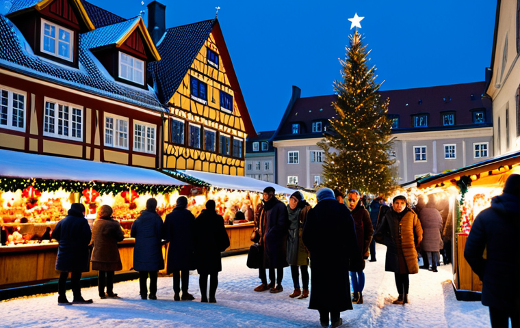 ドイツのクリスマスマーケットの活気**
A bustling German Christmas market scene at dusk, featuring diverse visitors of all ages in warm winter coats and modest clothing, holding steaming mugs of Glühwein. The background showcases traditional wooden stalls adorned with twinkling Christmas lights and handcrafted ornaments, with a grand historical building faintly visible in the distance. Light snow is gently falling, adding to the enchanting and festive atmosphere. The subjects have perfect anatomy, correct proportions, well-formed hands, and natural body proportions, in natural poses. This image is safe for work, appropriate content, fully clothed, professional, modest, and family-friendly.

**