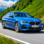 A dynamic, high-performance German luxury sports sedan, reminiscent of a BMW 3 Series, driving gracefully on a winding mountain road under a clear, bright sky. The car is sleek and modern, conveying exceptional high-speed stability and precise handling, captured in a moment of fluid motion. The surrounding landscape features lush greenery and distant mountains, emphasizing the joy of driving. Professional photography, high resolution, vibrant colors, perfect anatomy, correct proportions, natural pose, safe for work, appropriate content, fully clothed, professional.
