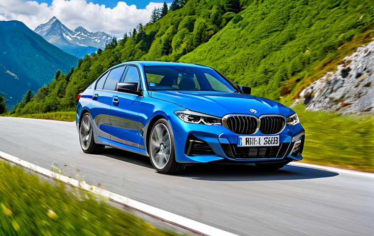 A dynamic, high-performance German luxury sports sedan, reminiscent of a BMW 3 Series, driving gracefully on a winding mountain road under a clear, bright sky. The car is sleek and modern, conveying exceptional high-speed stability and precise handling, captured in a moment of fluid motion. The surrounding landscape features lush greenery and distant mountains, emphasizing the joy of driving. Professional photography, high resolution, vibrant colors, perfect anatomy, correct proportions, natural pose, safe for work, appropriate content, fully clothed, professional.