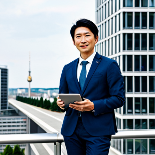 **

A Japanese entrepreneur in Germany, standing confidently in front of a modern office building. He's wearing a stylish, modest business suit and holding a tablet displaying charts and graphs. The background includes a bustling German cityscape.  Emphasis on a clean, professional aesthetic. Fully clothed, appropriate attire, safe for work, perfect anatomy, natural proportions, family-friendly.

**