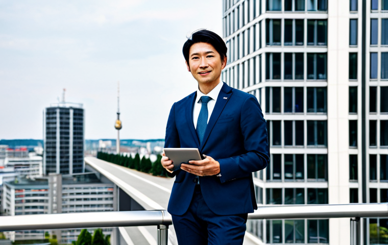 **

A Japanese entrepreneur in Germany, standing confidently in front of a modern office building. He's wearing a stylish, modest business suit and holding a tablet displaying charts and graphs. The background includes a bustling German cityscape.  Emphasis on a clean, professional aesthetic. Fully clothed, appropriate attire, safe for work, perfect anatomy, natural proportions, family-friendly.

**