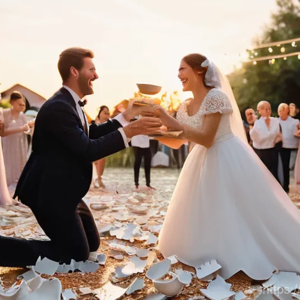독일에서의 결혼 문화 - **Polterabend Celebration: Joyful Plate Breaking and Cleanup**
A vibrant and celebratory scene d...