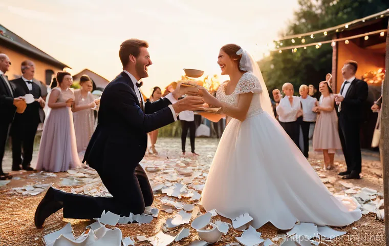 독일에서의 결혼 문화 - **Polterabend Celebration: Joyful Plate Breaking and Cleanup**
    A vibrant and celebratory scene d...