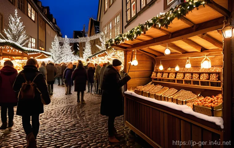 독일의 기념일과 전통 행사 - **A magical German Christmas market scene at night.** The cobblestone square is beautifully illumina...