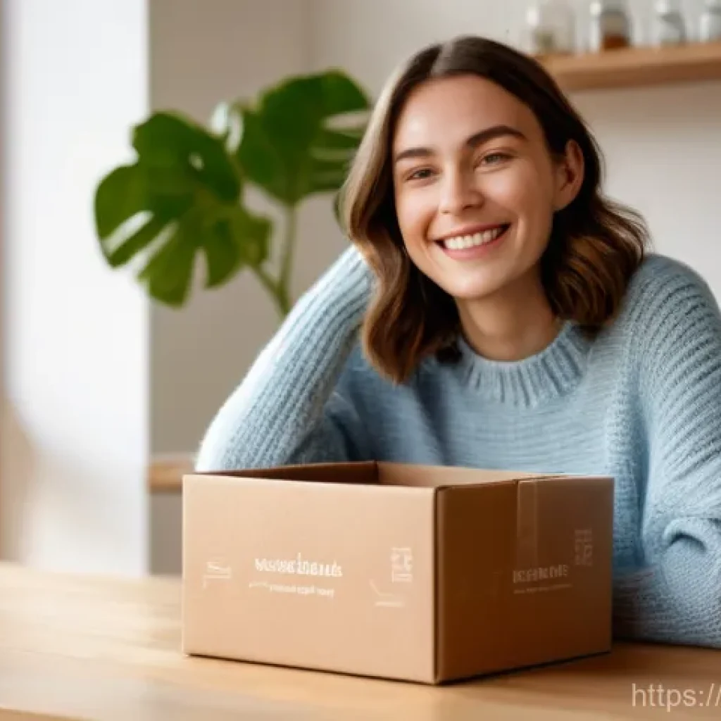 독일 온라인 쇼핑몰 추천 - A joyful young woman, in her late 20s, with shoulder-length brown hair, wearing a cozy cream-colored...