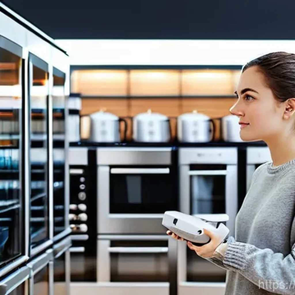 독일에서 전자제품 구매 시 고려할 점 - **Prompt:** A young, casually dressed woman (20-25 years old) stands in a brightly lit, modern Germa...