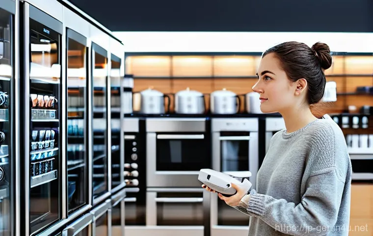 독일에서 전자제품 구매 시 고려할 점 - **Prompt:** A young, casually dressed woman (20-25 years old) stands in a brightly lit, modern Germa...