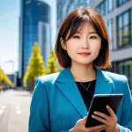 독일에서 일할 때 필요한 비자 종류 - **Prompt:** A vibrant and dynamic illustration of a young Japanese professional, female, in her late...