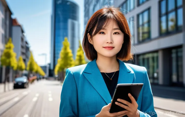 독일에서 일할 때 필요한 비자 종류 - **Prompt:** A vibrant and dynamic illustration of a young Japanese professional, female, in her late...