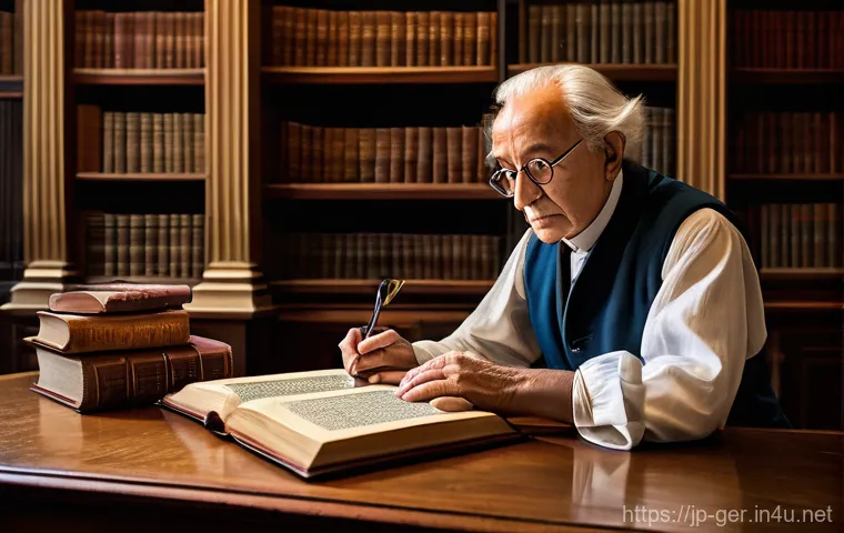 괴테 문학 작품 - **The Sage's Contemplation in an Evolving Age:** An elderly, dignified scholar, reminiscent of Goeth...