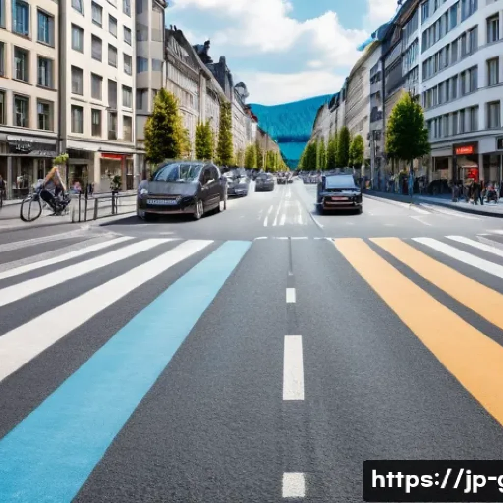 독일에서 운전 시 유의점 - A detailed street scene in Germany showing a driver&rsquo;s perspective adjusting to right-hand traffic; i...