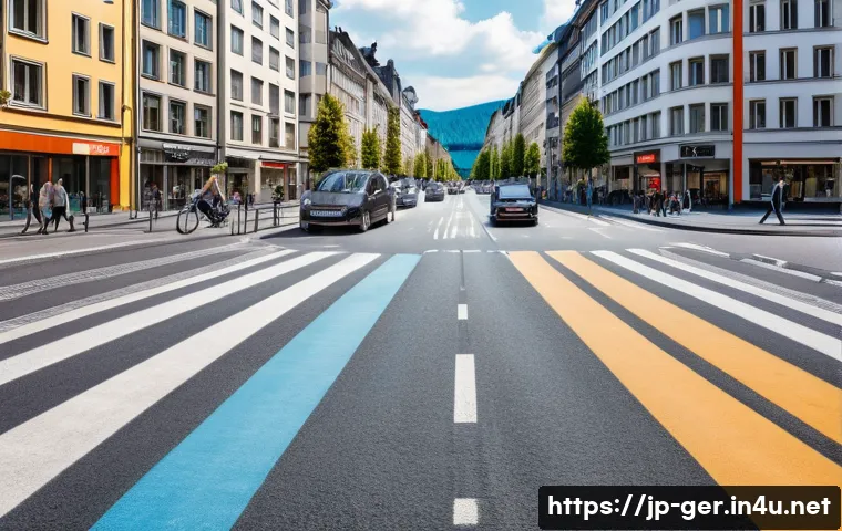 독일에서 운전 시 유의점 - A detailed street scene in Germany showing a driver&rsquo;s perspective adjusting to right-hand traffic; i...
