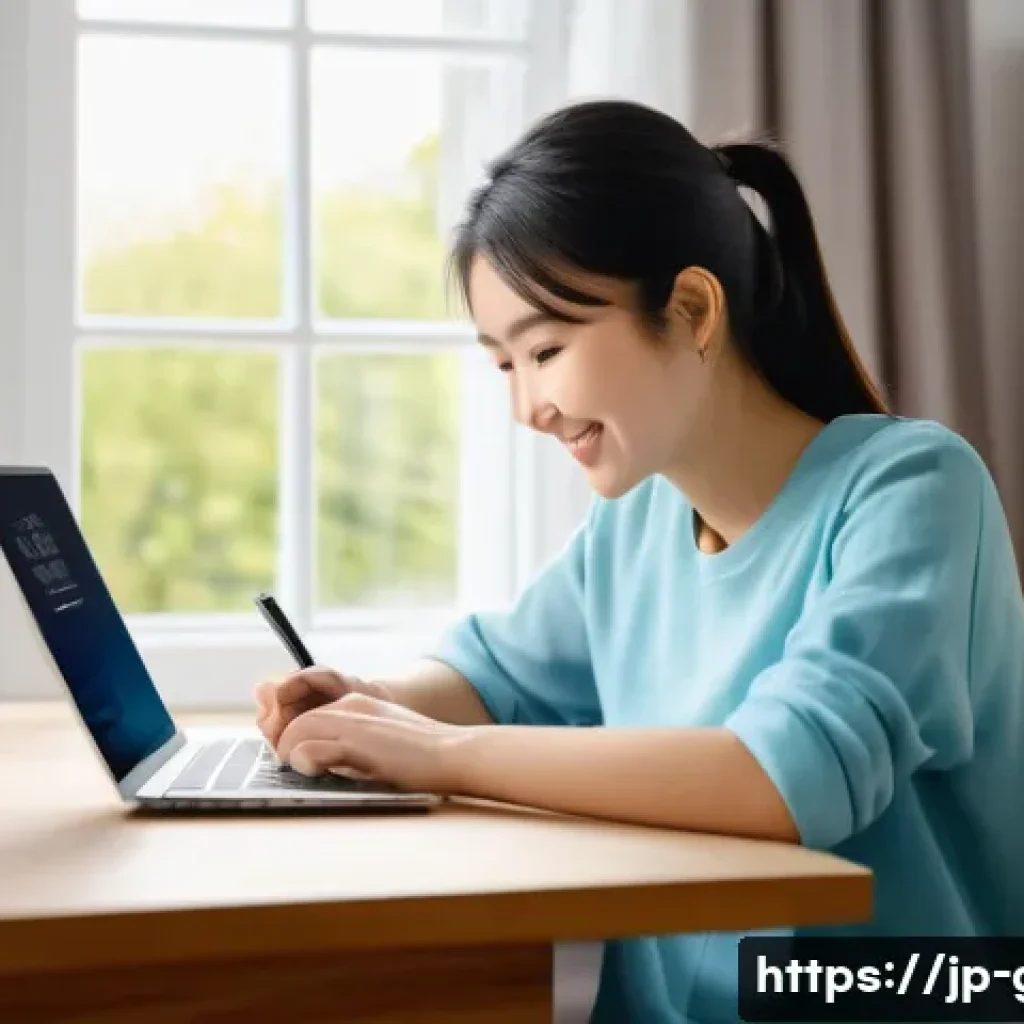 독일어 공부하기 좋은 웹사이트 - A cozy home study scene featuring a young Japanese woman sitting at a wooden desk with a laptop open...