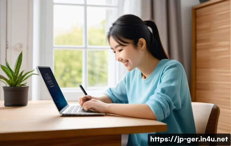 독일어 공부하기 좋은 웹사이트 - A cozy home study scene featuring a young Japanese woman sitting at a wooden desk with a laptop open...