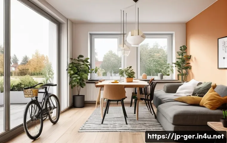 독일에서 한 달 생활비 예산 짜기 - A cozy German apartment living room in a suburban area, featuring modern furniture with a warm color...