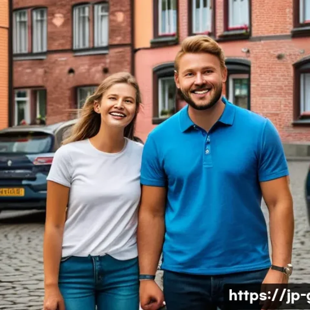 독일의 지역별 방언 - A vibrant street scene in northern Germany, featuring cheerful locals greeting each other with "Moin...