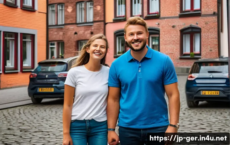 독일의 지역별 방언 - A vibrant street scene in northern Germany, featuring cheerful locals greeting each other with "Moin...