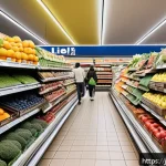 독일 생활비 정보 - A modern German supermarket interior scene showing diverse fresh produce aisles with seasonal vegeta...
