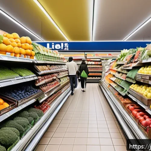 독일 생활비 정보 - A modern German supermarket interior scene showing diverse fresh produce aisles with seasonal vegeta...