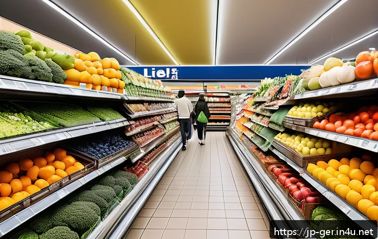 독일 생활비 정보 - A modern German supermarket interior scene showing diverse fresh produce aisles with seasonal vegeta...