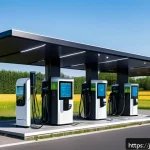 독일에서의 전기차 충전 인프라 - A modern German electric vehicle charging station on a sunny day, featuring multiple ultra-fast DC c...