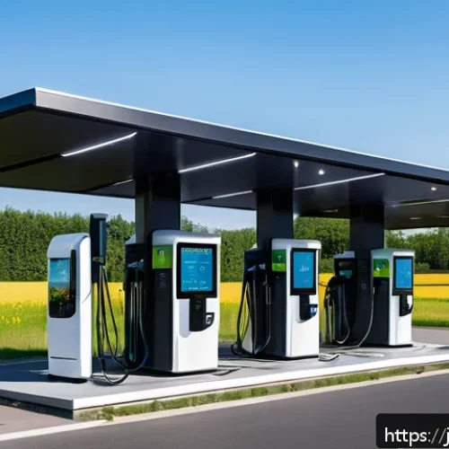 독일에서의 전기차 충전 인프라 - A modern German electric vehicle charging station on a sunny day, featuring multiple ultra-fast DC c...