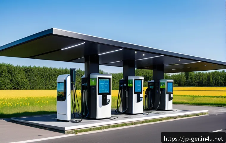 독일에서의 전기차 충전 인프라 - A modern German electric vehicle charging station on a sunny day, featuring multiple ultra-fast DC c...