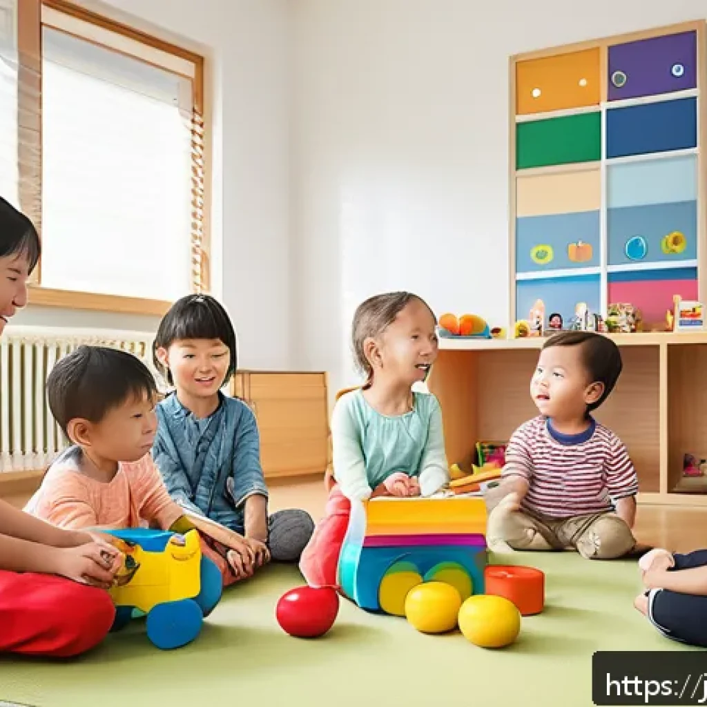 독일에서 아이 키우는 환경 - A bright and welcoming German Kita classroom scene featuring diverse toddlers aged 0 to 6, all weari...