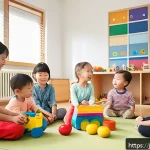 독일에서 아이 키우는 환경 - A bright and welcoming German Kita classroom scene featuring diverse toddlers aged 0 to 6, all weari...