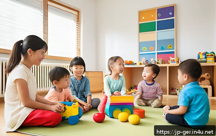 독일에서 아이 키우는 환경 - A bright and welcoming German Kita classroom scene featuring diverse toddlers aged 0 to 6, all weari...