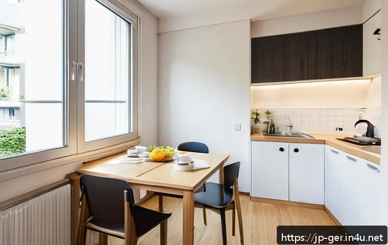 독일에서 집 렌트하는 법 - A cozy German apartment interior for a young Japanese tenant, featuring a compact kitchen without bu...