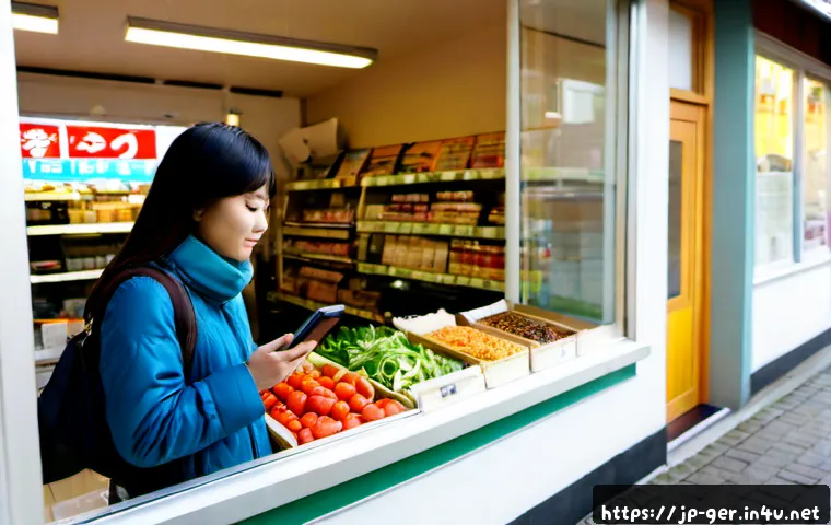 독일에서 한국 음식 찾기 - Photorealistic scene of a Japanese traveler in a clean German city neighborhood, using a smartphone ...