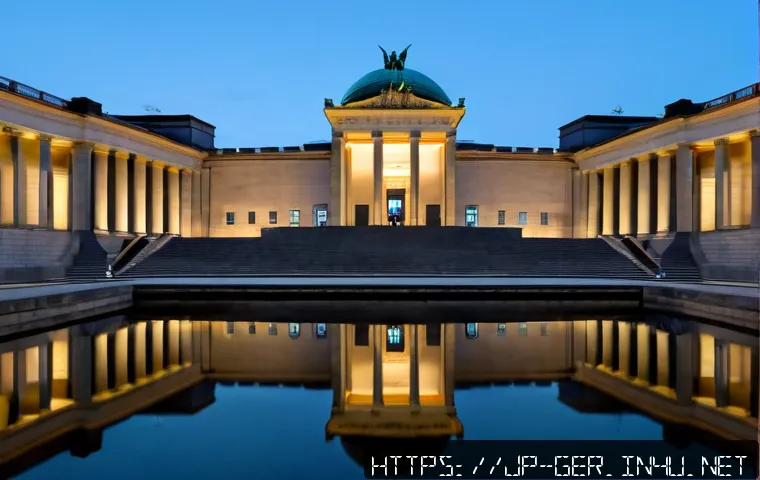 독일의 유명한 미술관 - Photorealistic grand neoclassical art museum in Berlin at blue hour, monumental stone columns and br...